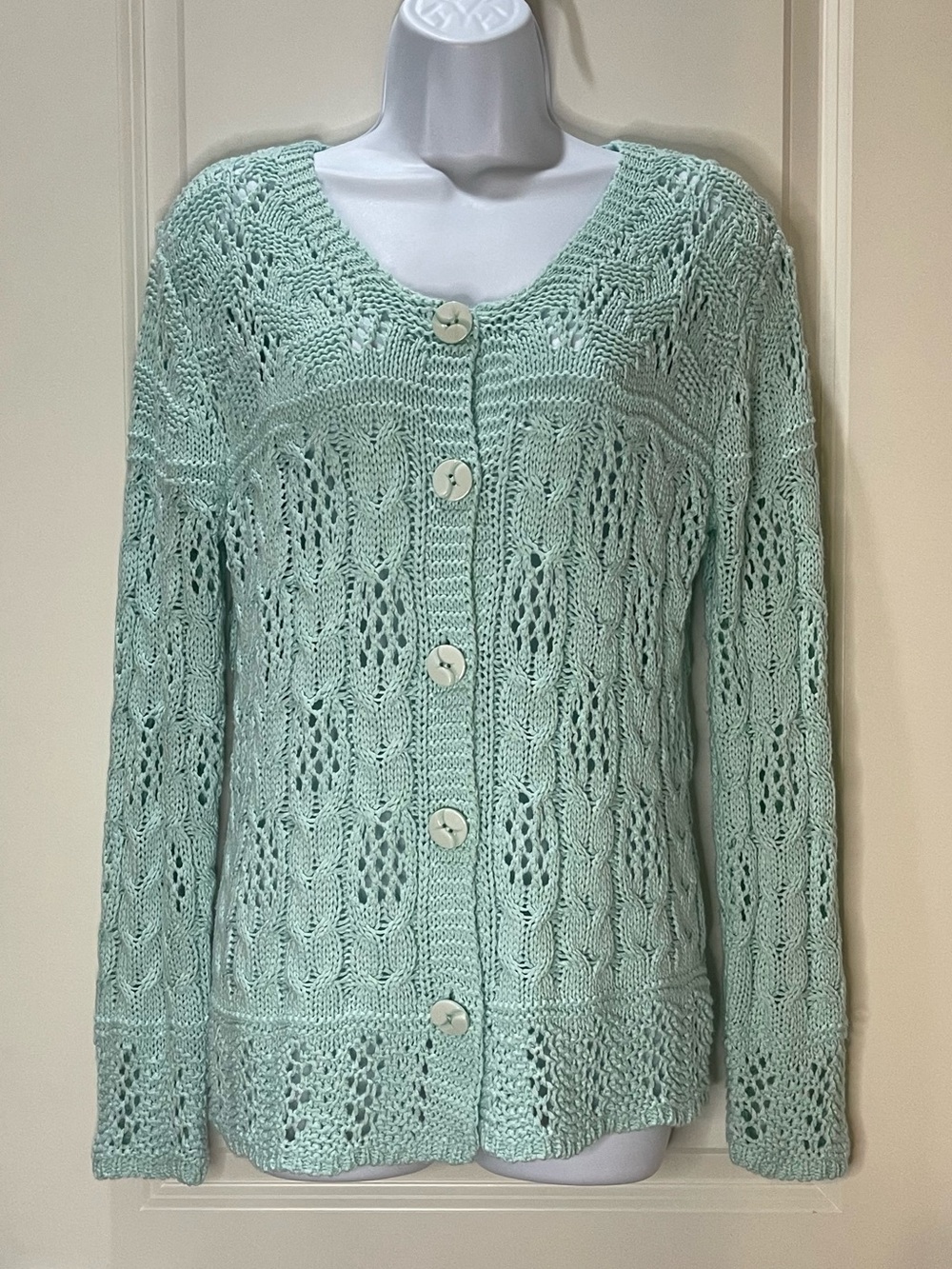 Tivoli of Ireland Mint Aqua Openwork Knit Button Cardigan Size M